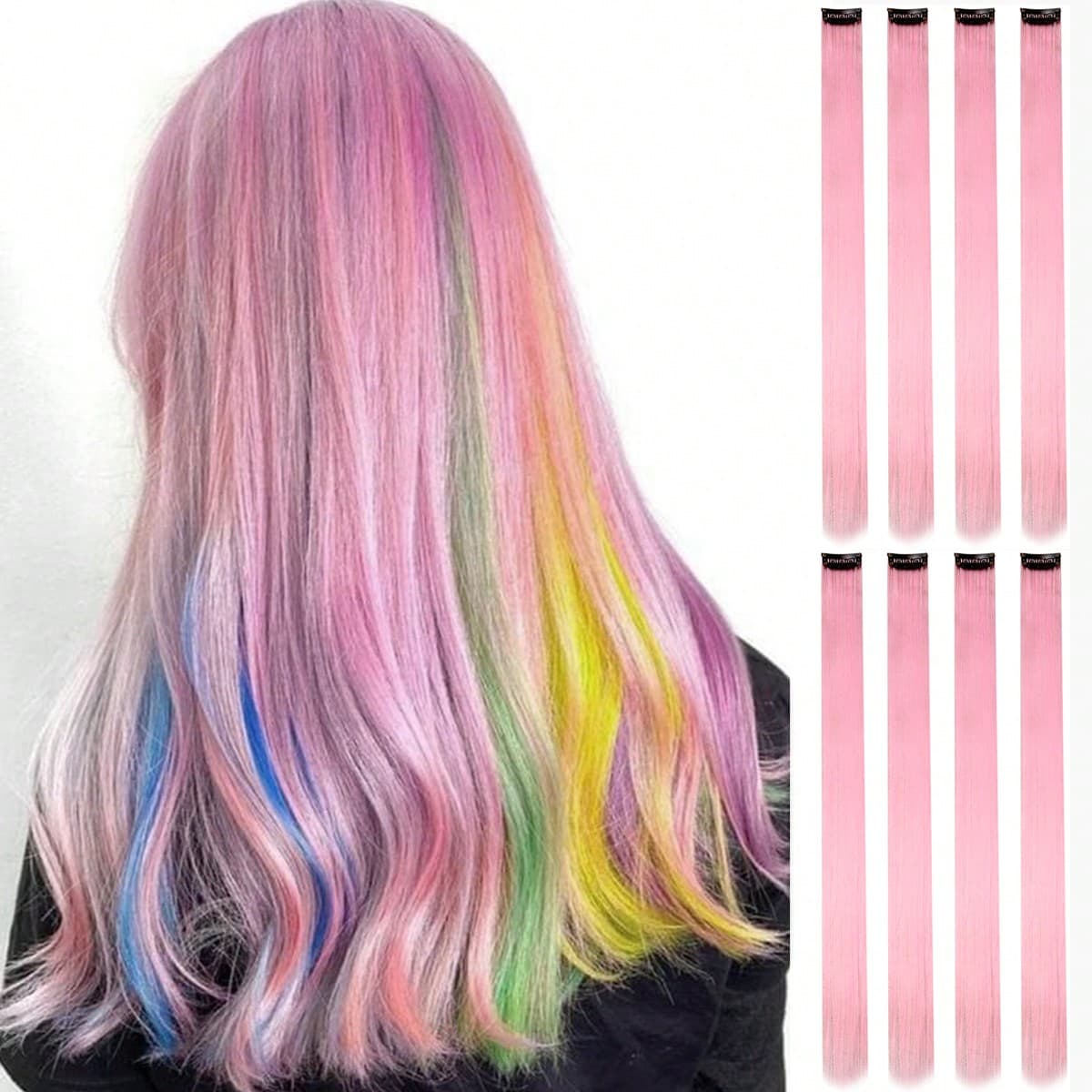 Extensions de cheveux colorées 8 pièces/pack de couleurs multiples, faits saillants de fête en extension de cheveux synthétiques avec clip 22