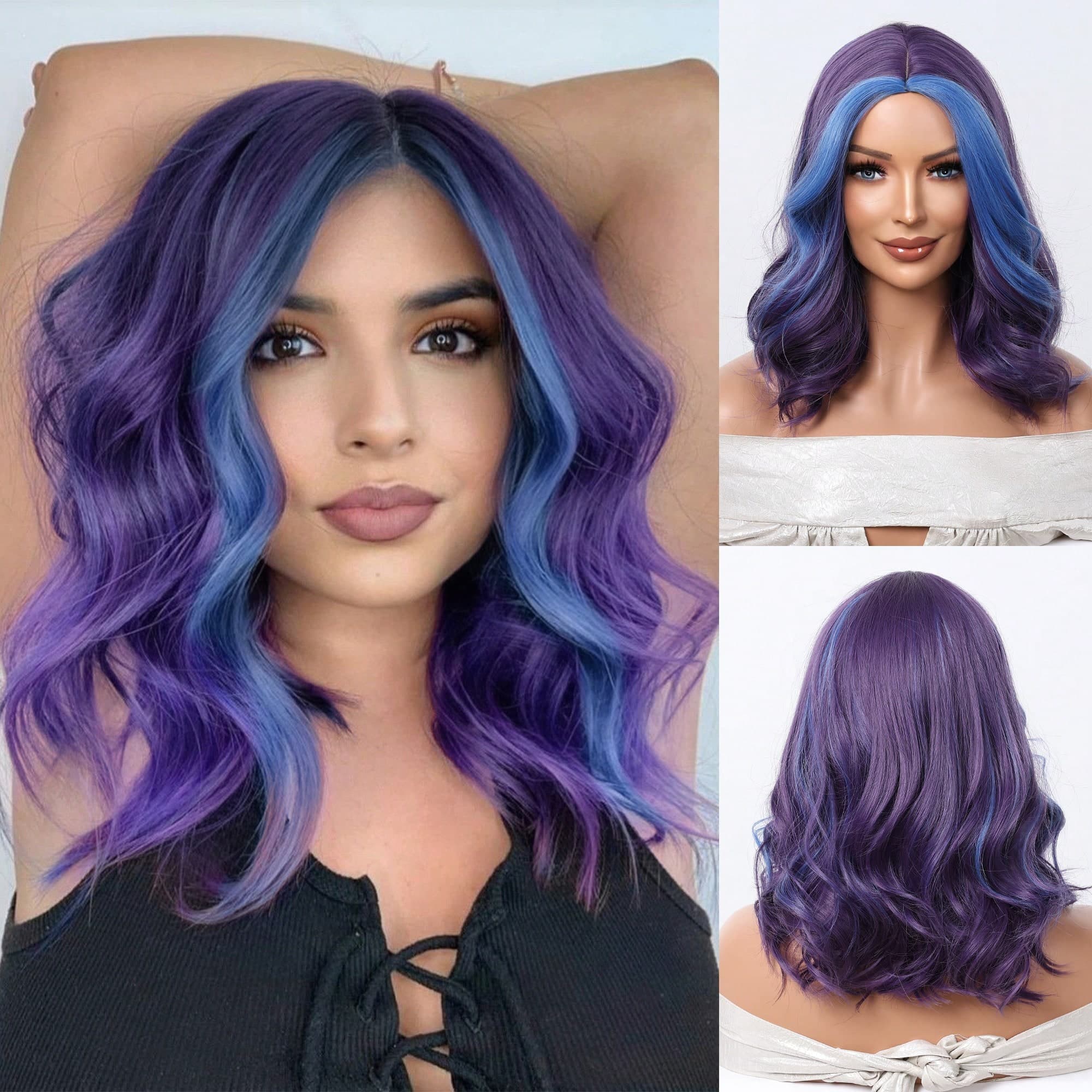 Perruques de fête de la Saint-Sylvestre et du Black Friday pour Halloween avec vagues courtes spéciales, faits saillants bleu-violet foncé, prune